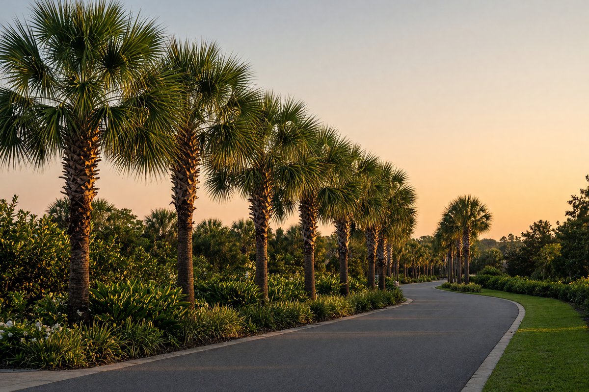 Trimmed palms along a community driveway at sunset