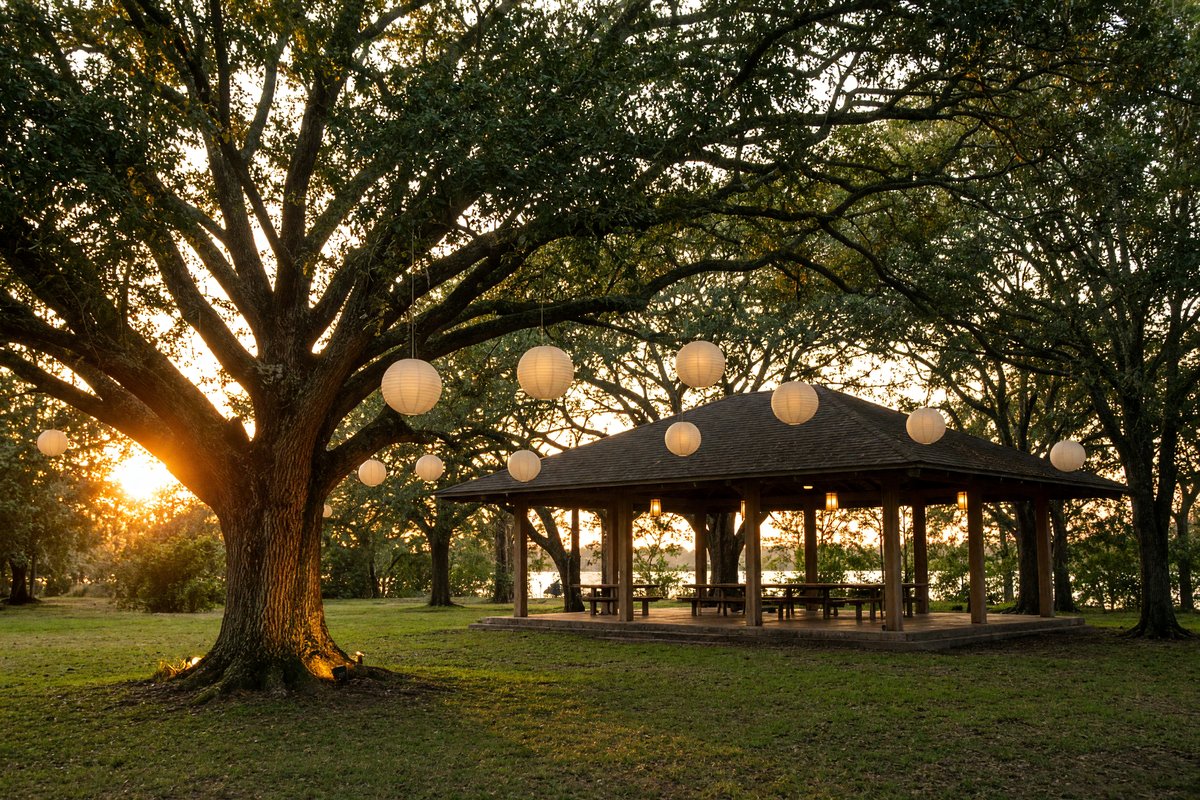 Park pavilion with warm light in the trees at sunset