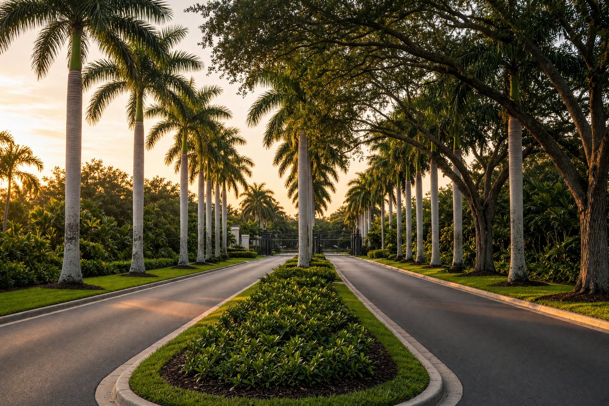 Community entrance with palms at sunset