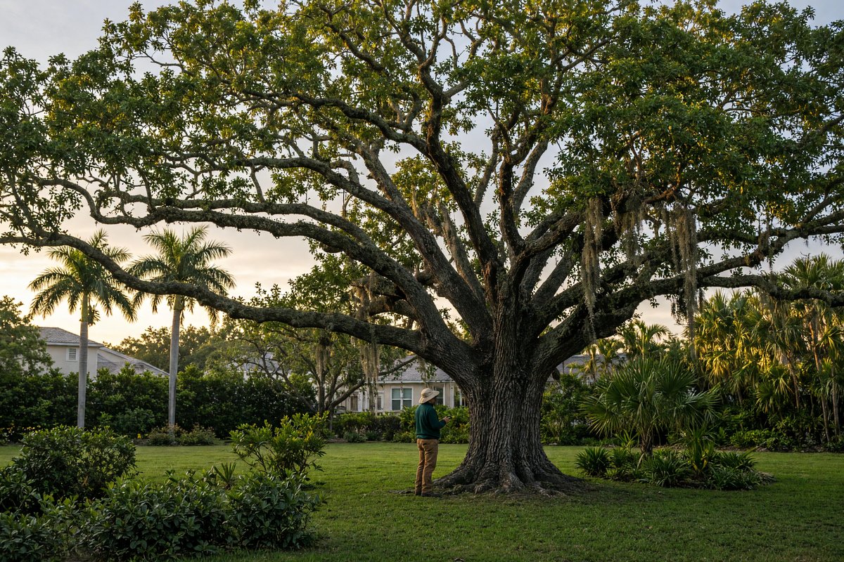 Person checking a large oak in a grassy common area