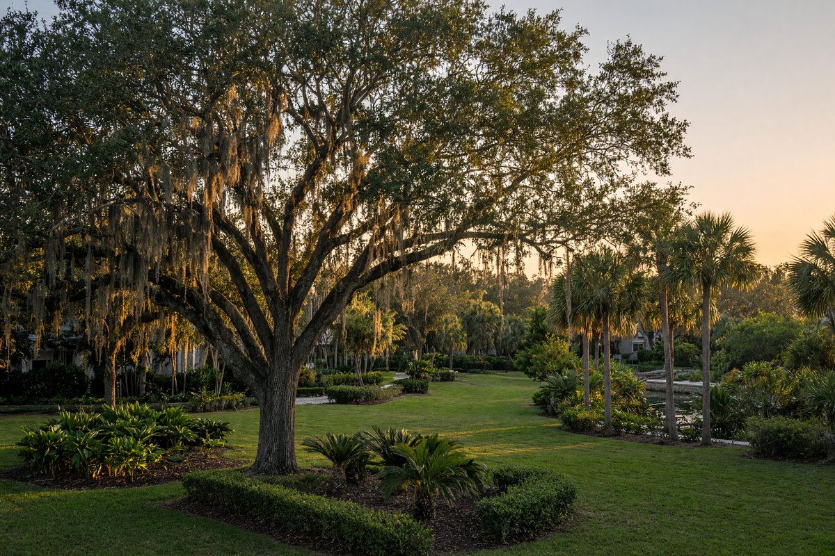 Trimmed trees on a landscaped common lawn