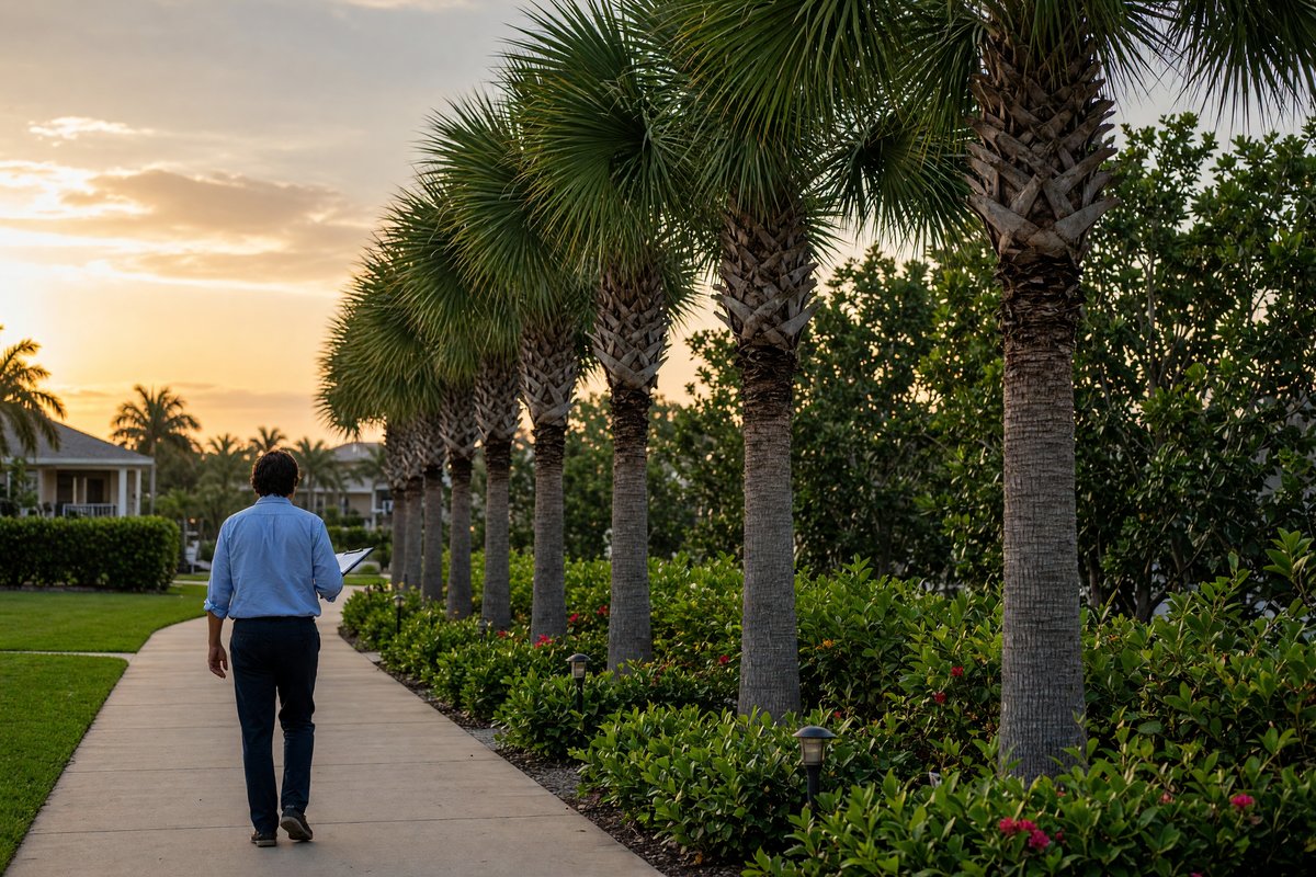 Someone with a clipboard walking a row of palms
