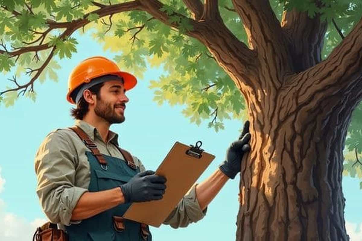 Person in a hard hat looking up into a tree