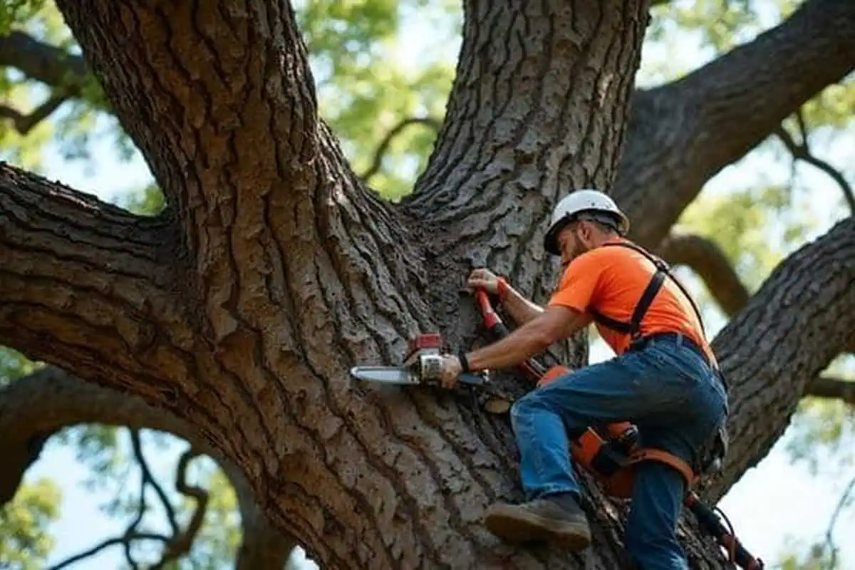 Arborist working in a large oak canopy