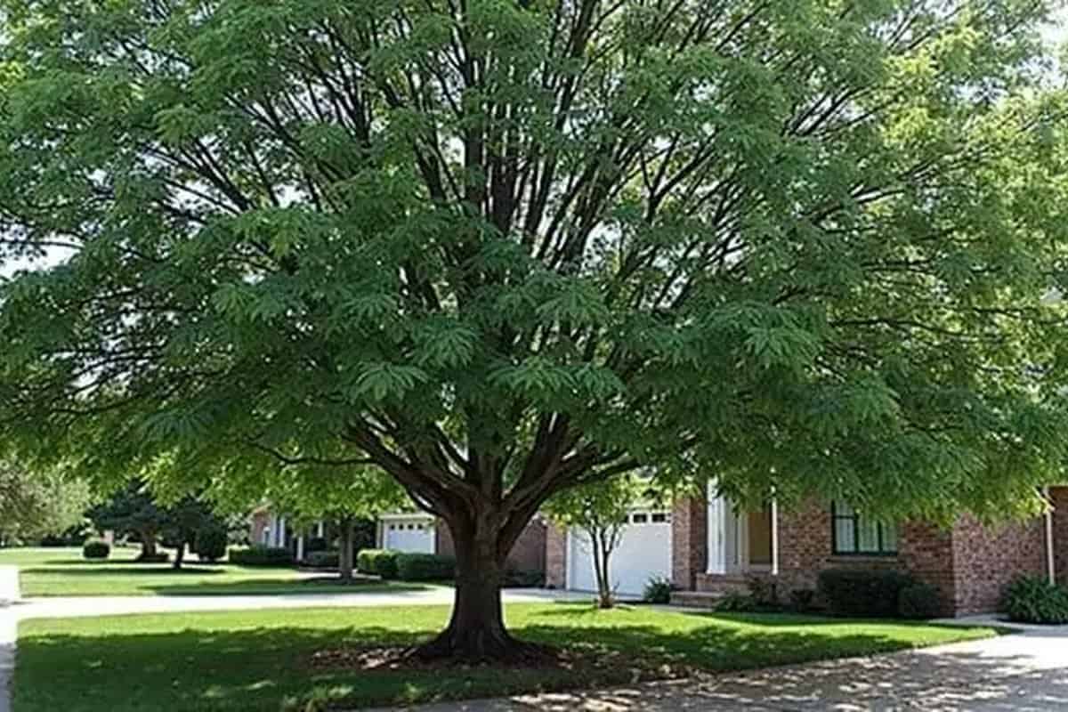 Large shade tree over a residential lawn