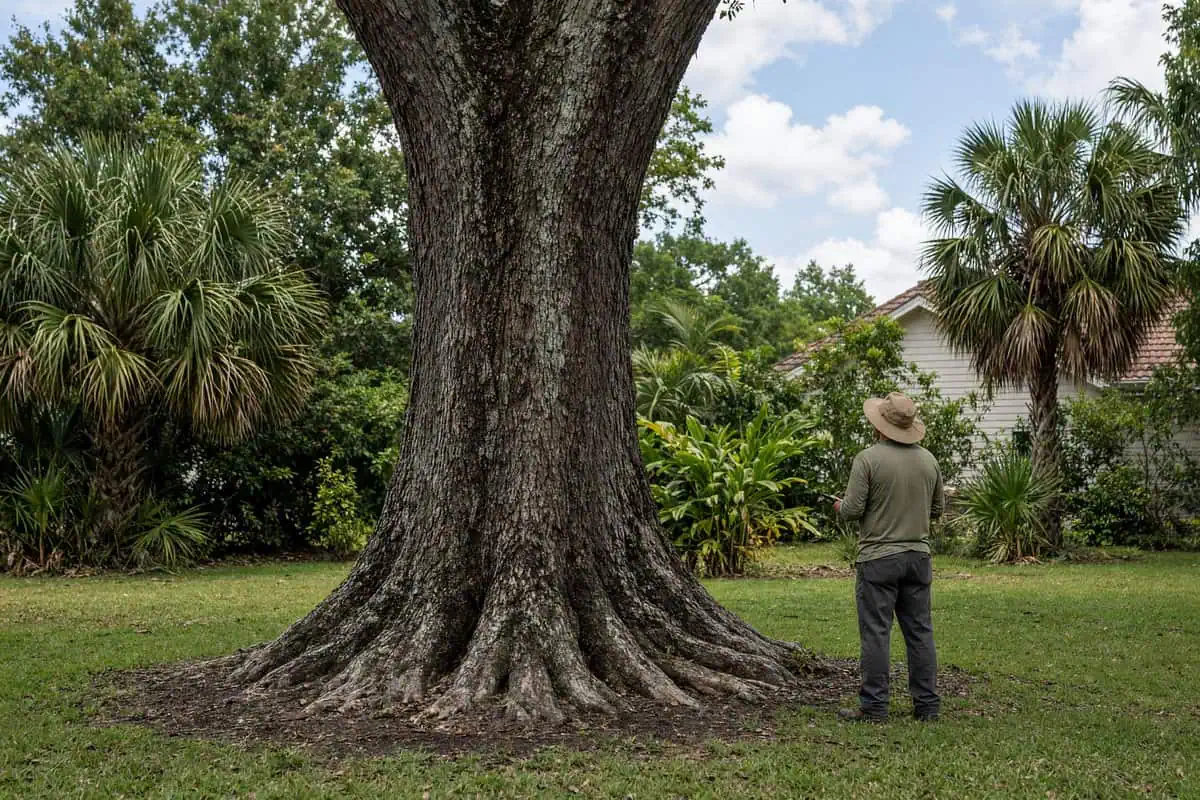 Person standing back from a tree trunk inspecting it